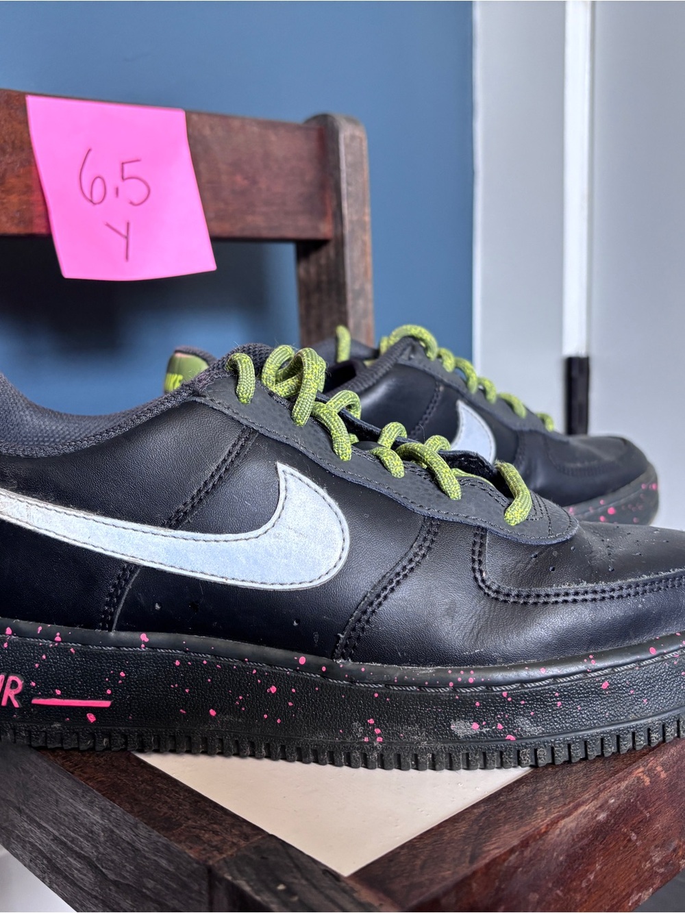 Kids Black Nike Air Force 1 with Reflective Swoosh and Neon Laces